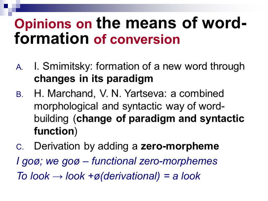 Opinions on the means of word-formation of conversion I. Smimitsky: formation of a new